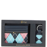 Leather Card Holder & Key Ring Gift Set Navy/pink/blue: GB-302-GS