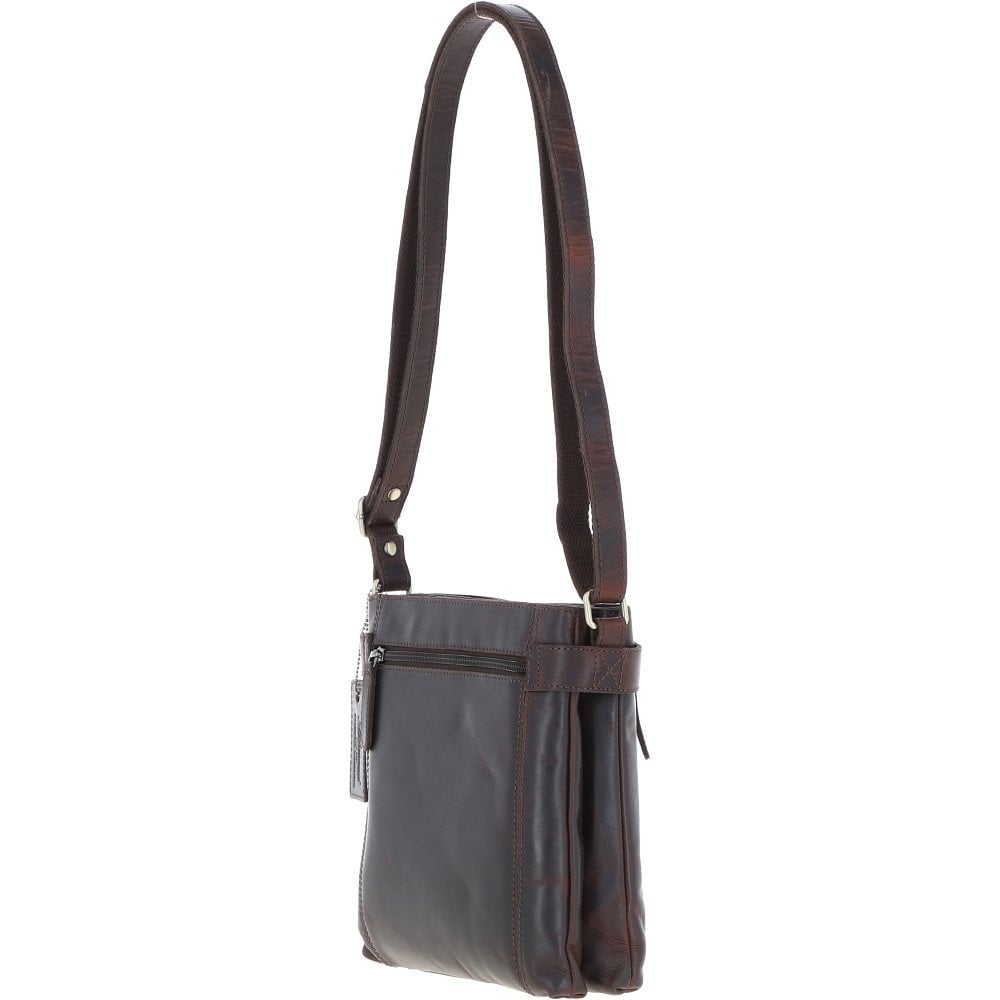 Two Section Zip Top Leather Crossbody Bag Brown: K-45
