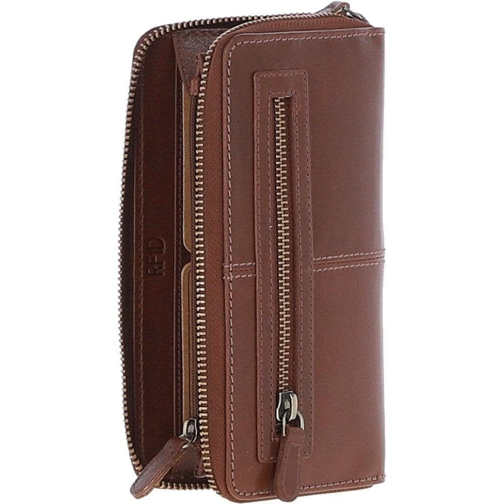 8 Card Zip Around RFID Protected Large Leather Purse Chestnut: T-90