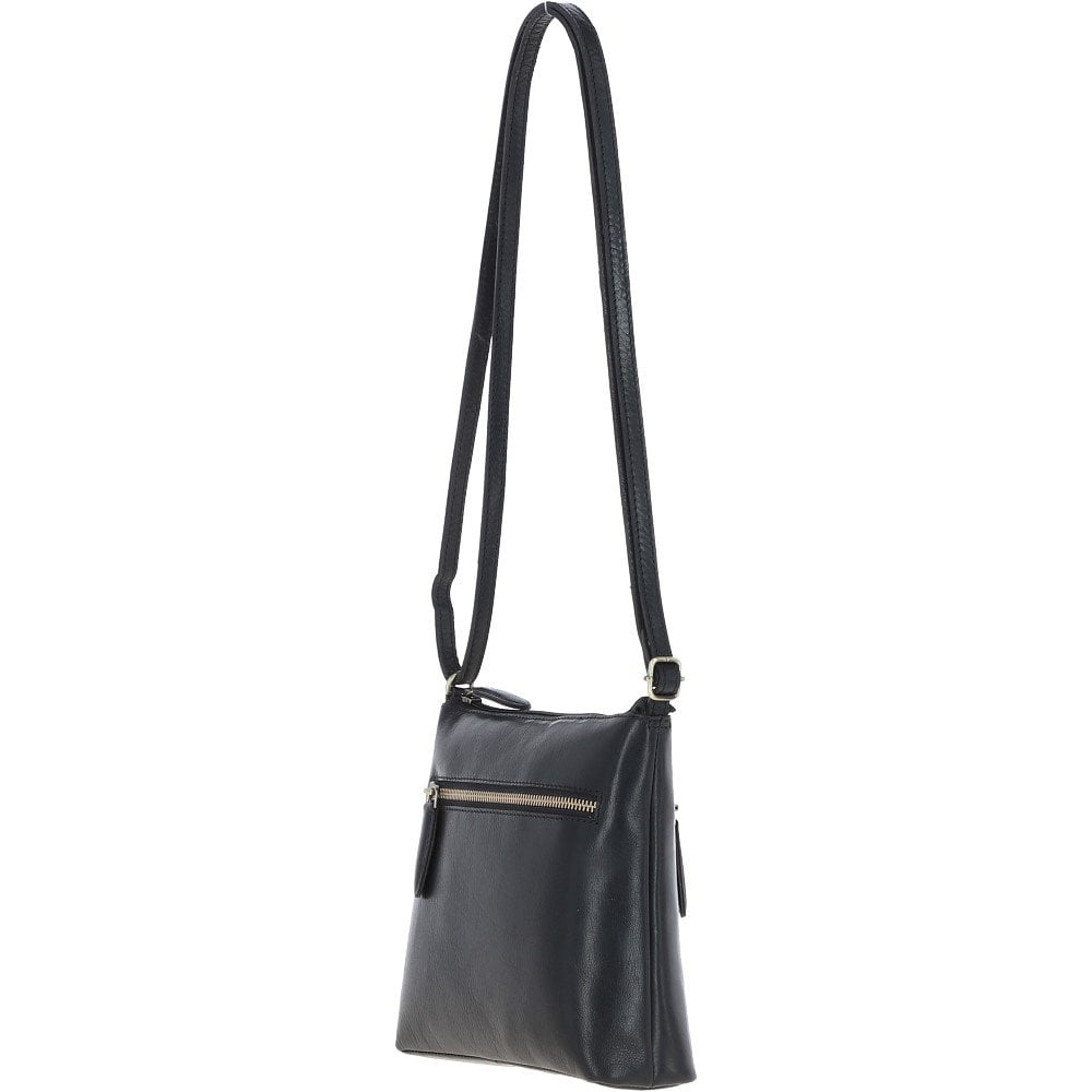 Zip Top Leather Crossbody Bag Black: T-89