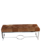 Luxury Hair-on Cowhide Quilted Bench with Chrome Stainless Steel Frame Tan: AGC-1920
