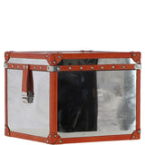 Wood and Aluminium Mirror Storage Box with Tan Leather Trim and Stud Detailing: AGC 918