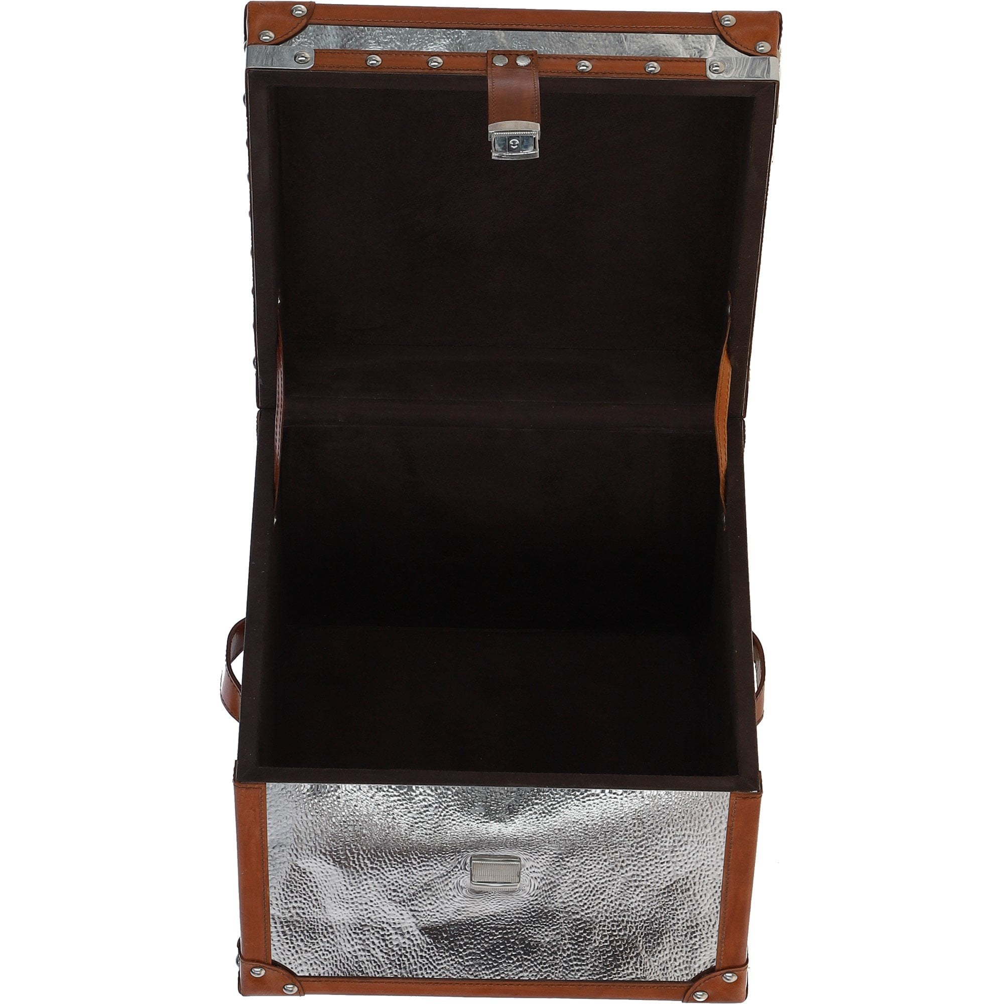 Wood and Aluminium Mirror Storage Box with Tan Leather Trim and Stud Detailing: AGC 28