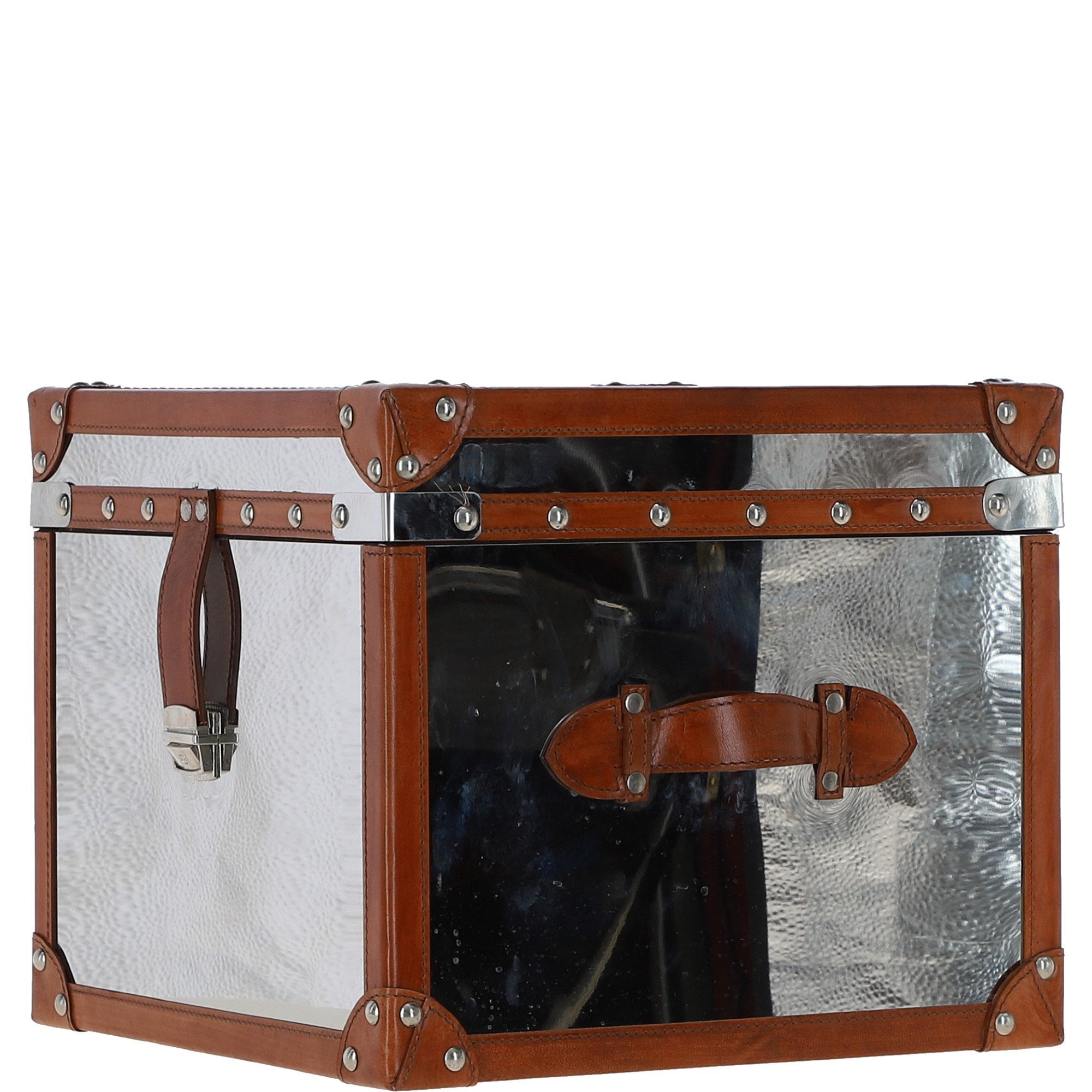 Wood and Aluminium Mirror Storage Box with Tan Leather Trim and Stud Detailing: AGC 28