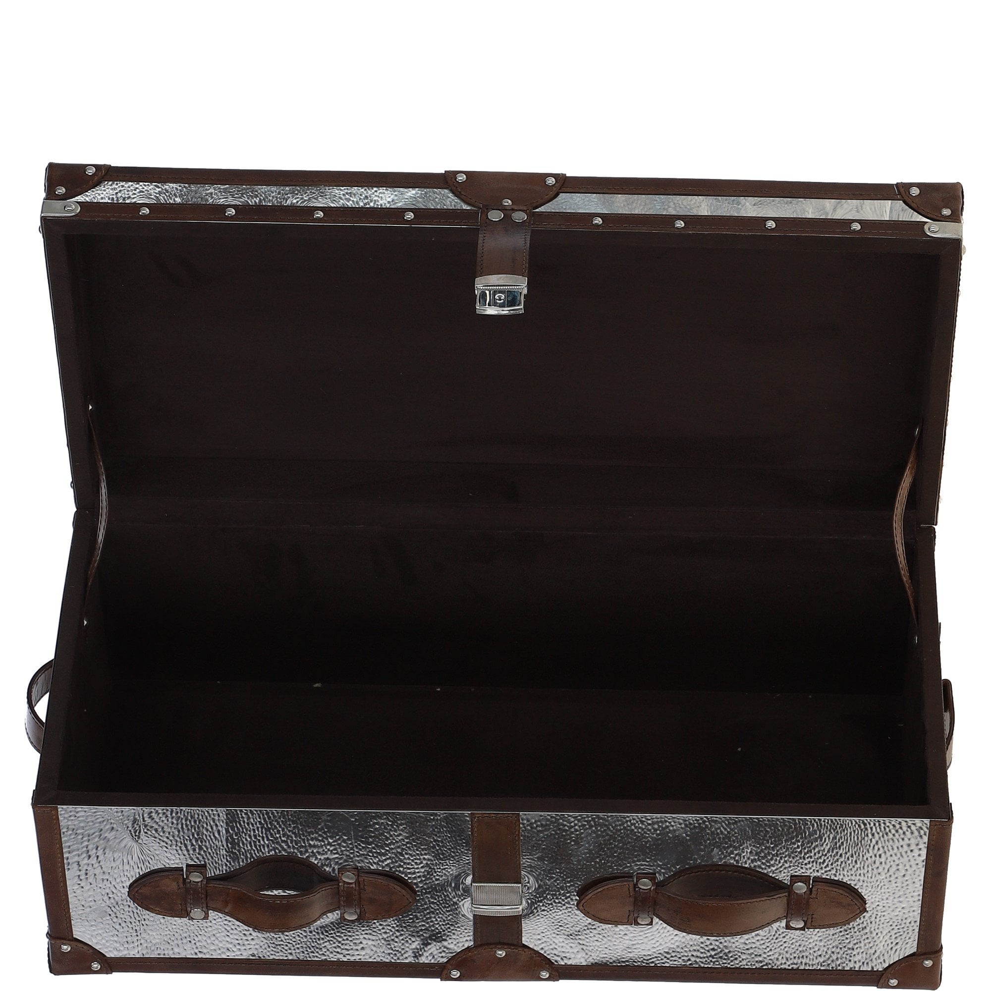 Wood and Aluminium Mirror Trunk with Brown Leather Trim and Stud Detailing: AGC 908