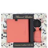 Leather Card Holder with Mirror & Key Ring Gift Set Coral :slg-31243