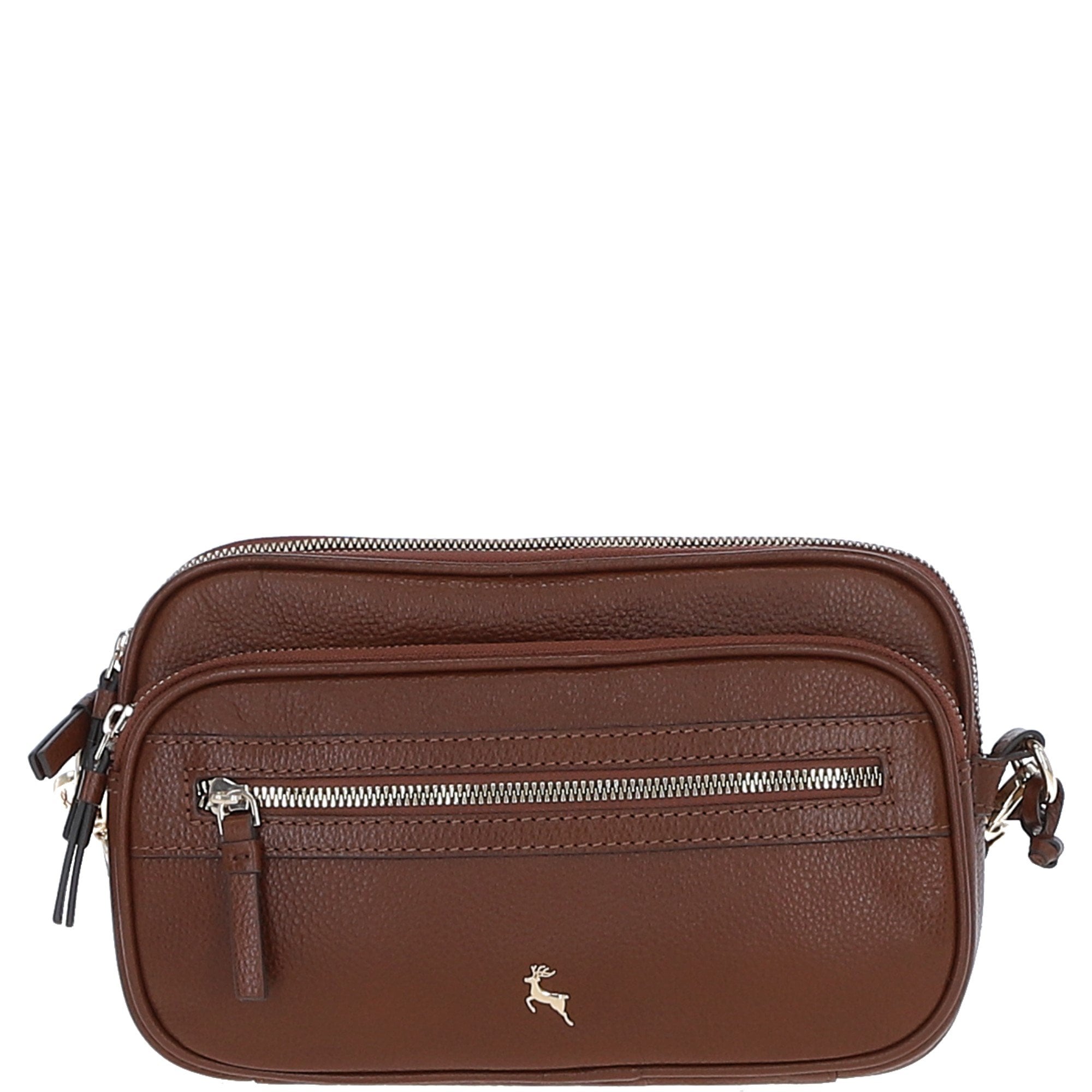Compact Twin Zip Ashwood Leather Crossbody Bag Tan: X-35