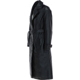 Elegant Longline Women's Leather Trench Coat with Waist Tie Black: awl-trench
