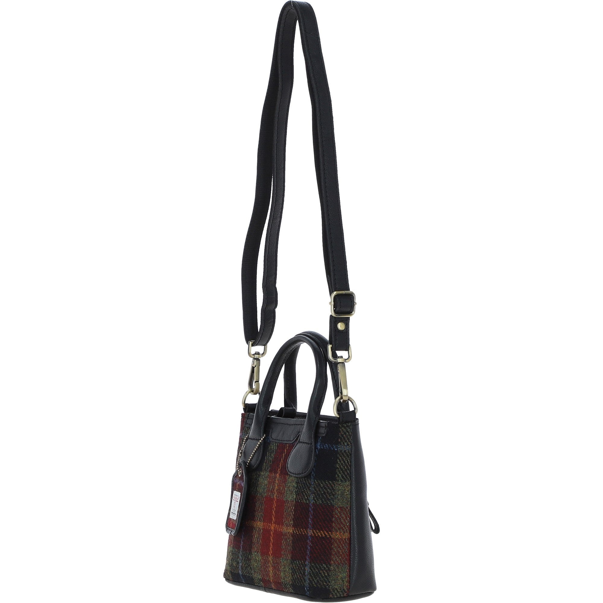 Ashwood Leather & Harris Tweed® Cloth Handbag with Removable Crossbody Strap Black/Green/Red: TW-21-07-BR