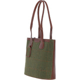 Ashwood Leather & Tweed Genuine Leather Shoulder Bag Tan/Green Check: TW-23-010-TGNH