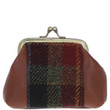 Ashwood Leather & Harris Tweed® Cloth Classic kiss-lock Purse Tan/Green/Red: TW-13-08-TR