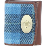 Elegant Ashwood Leather & Harris Tweed® Cloth Trifold Twist-Lock Purse Tan/TL Blue: TW-10-05-TB
