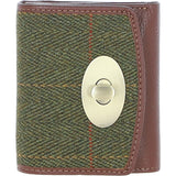 Elegant Ashwood Leather & Harris Tweed® Cloth Trifold Twist-Lock Purse Tan/Green Check: TW-10-10-TGNH