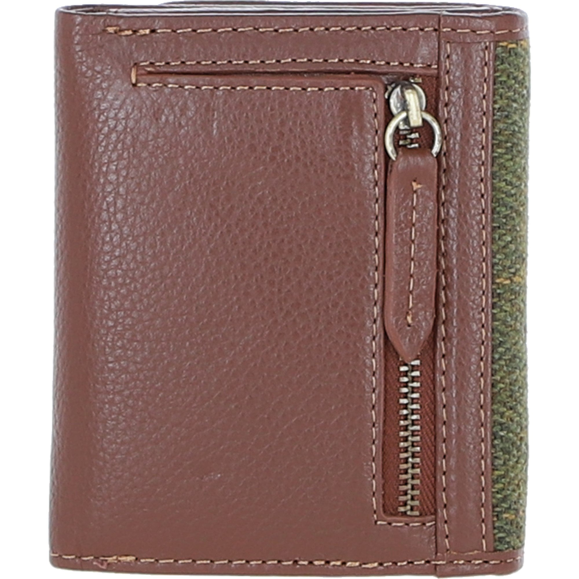 Elegant Ashwood Leather & Harris Tweed® Cloth Trifold Twist-Lock Purse Tan/Green Check: TW-10-10-TGNH