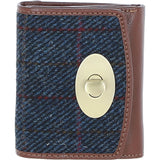 Elegant Ashwood Leather & Harris Tweed® Cloth Trifold Twist-Lock Purse Tan/Navy: TW-10-11-TN