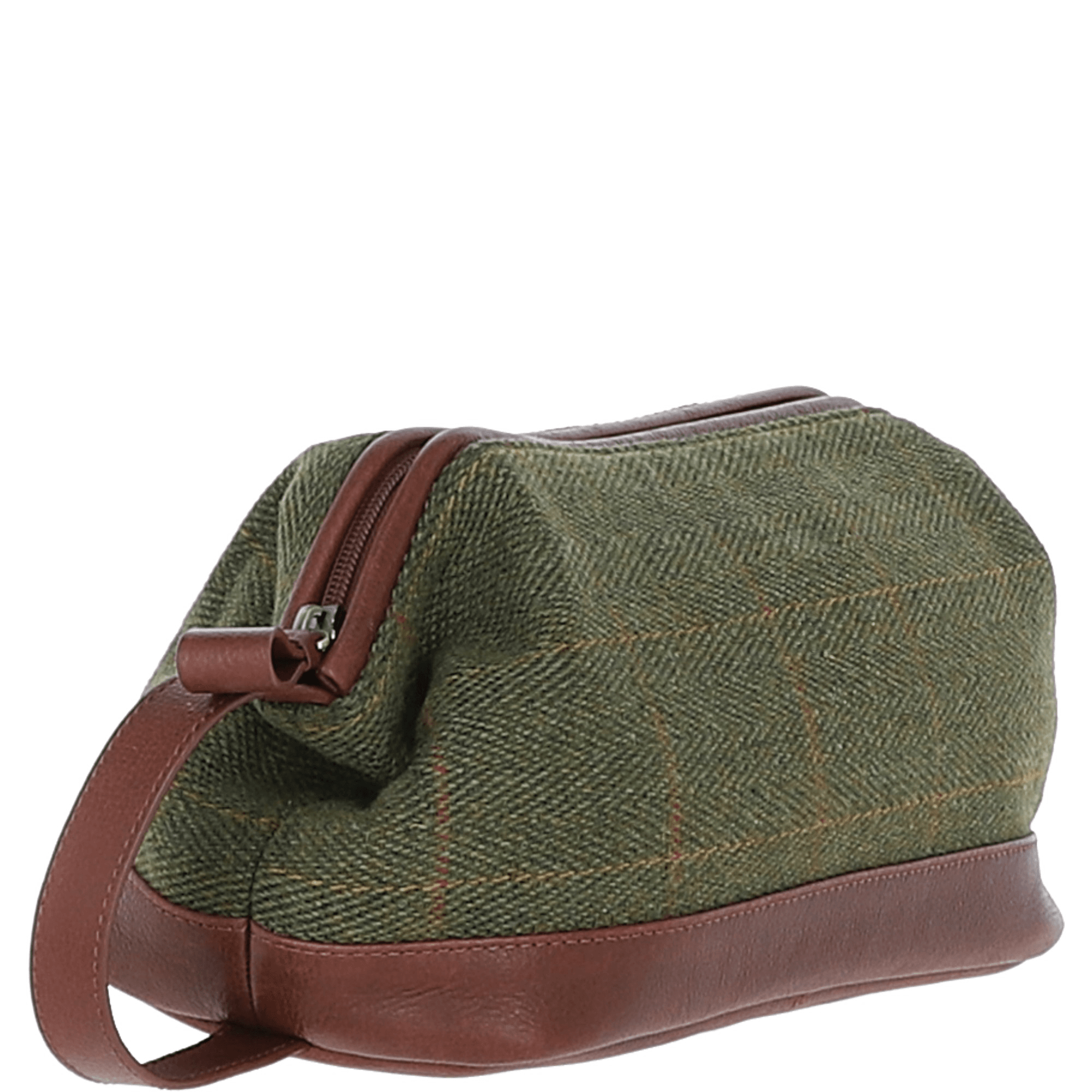Ashwood Leather & Tweed Unisex Washbag Tan/Green Check: TW-40-10-TGNH