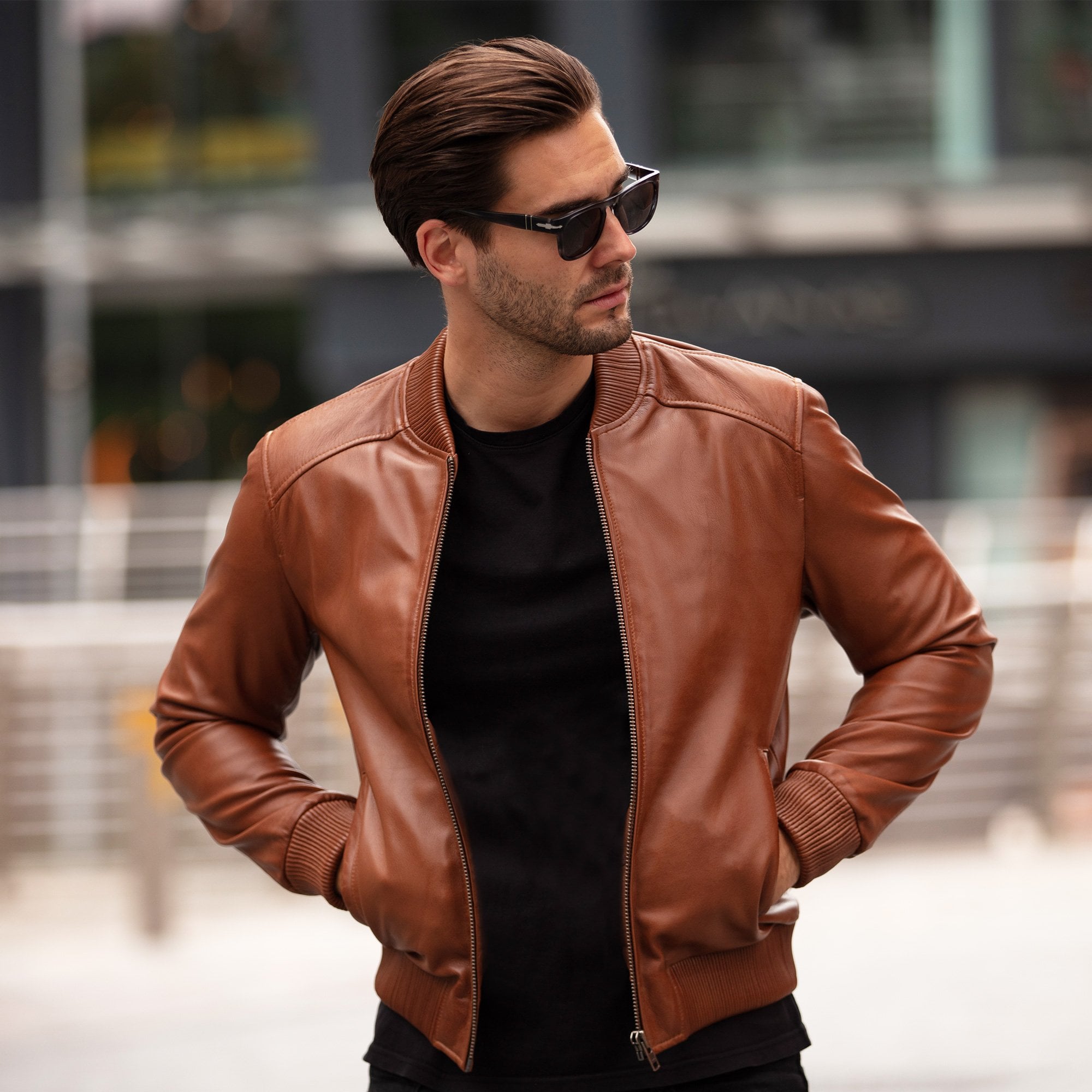 Mens Leather Bomber Jacket Tan : 2436