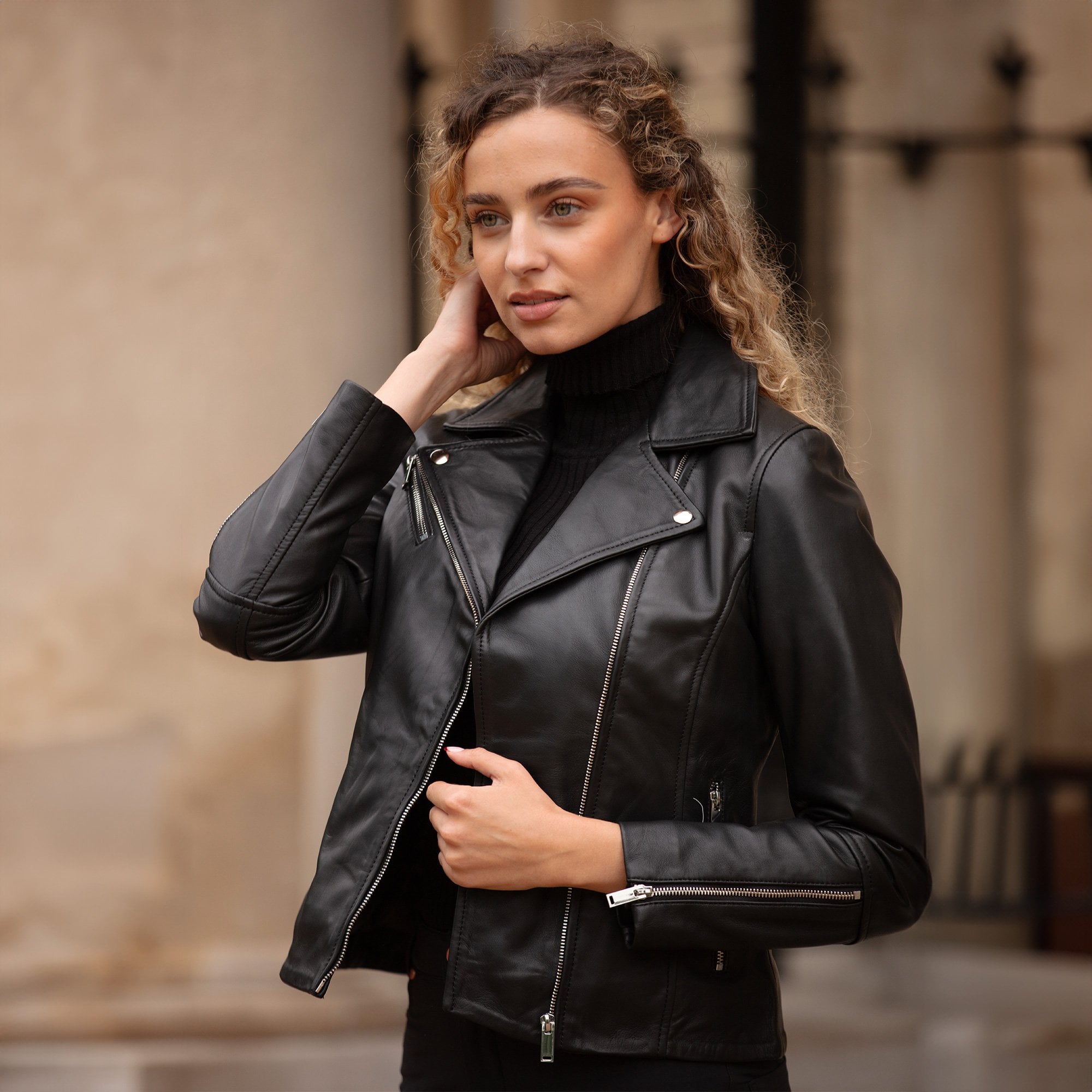 Ladies Veg Tanned Leather Biker Jacket Black: AWL-80