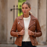 Ladies Veg Tanned Leather Biker Jacket Tan: AWL-80