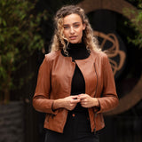 Ashwood Leather Ladies Collarless Side Zip Fashion Jacket Tan: AWL-161