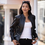 Ladies Veg Tanned Leather Mandarin Collar Biker Jacket Black: AWL-265