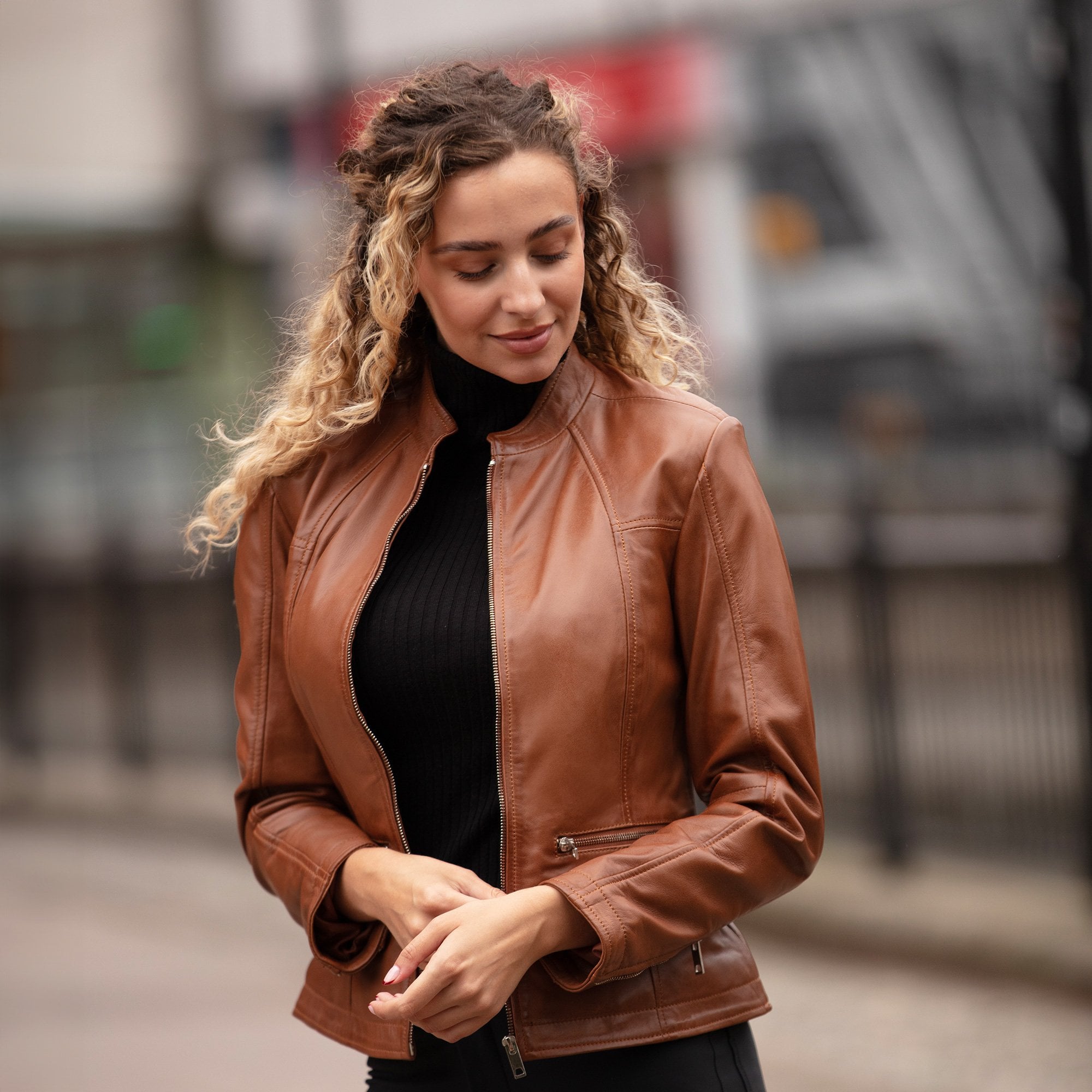 Ladies Veg Tanned Leather Mandarin Collar Biker Jacket Tan: AWL-265