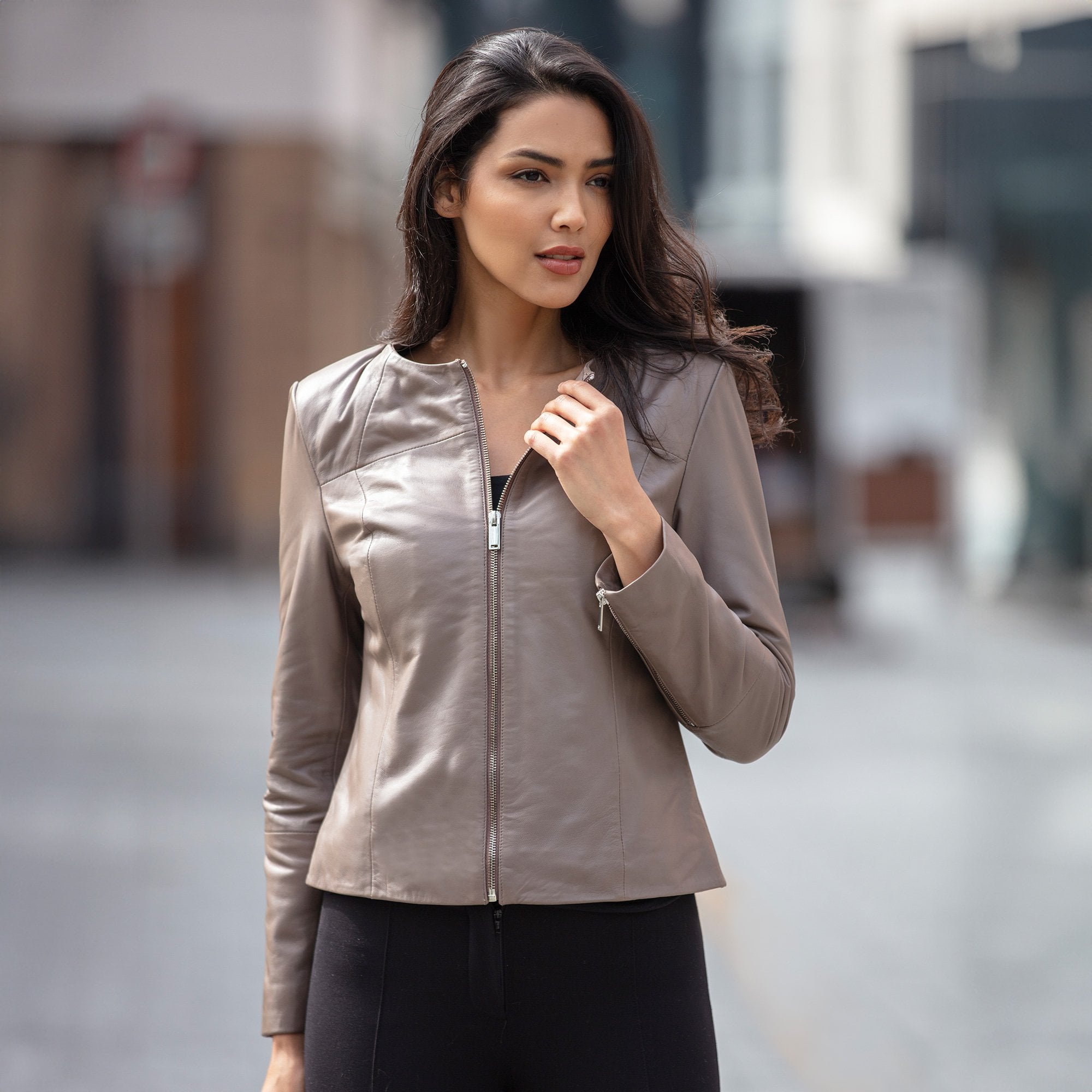 Women's Collarless Leather Fashion Jacket Taupe: AWL-284
