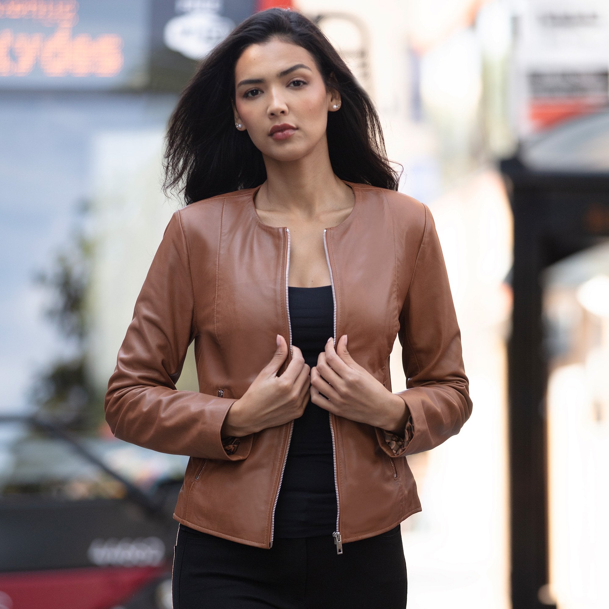 Collarless Ladies Casual Leather Jacket Tan: AWL-1282