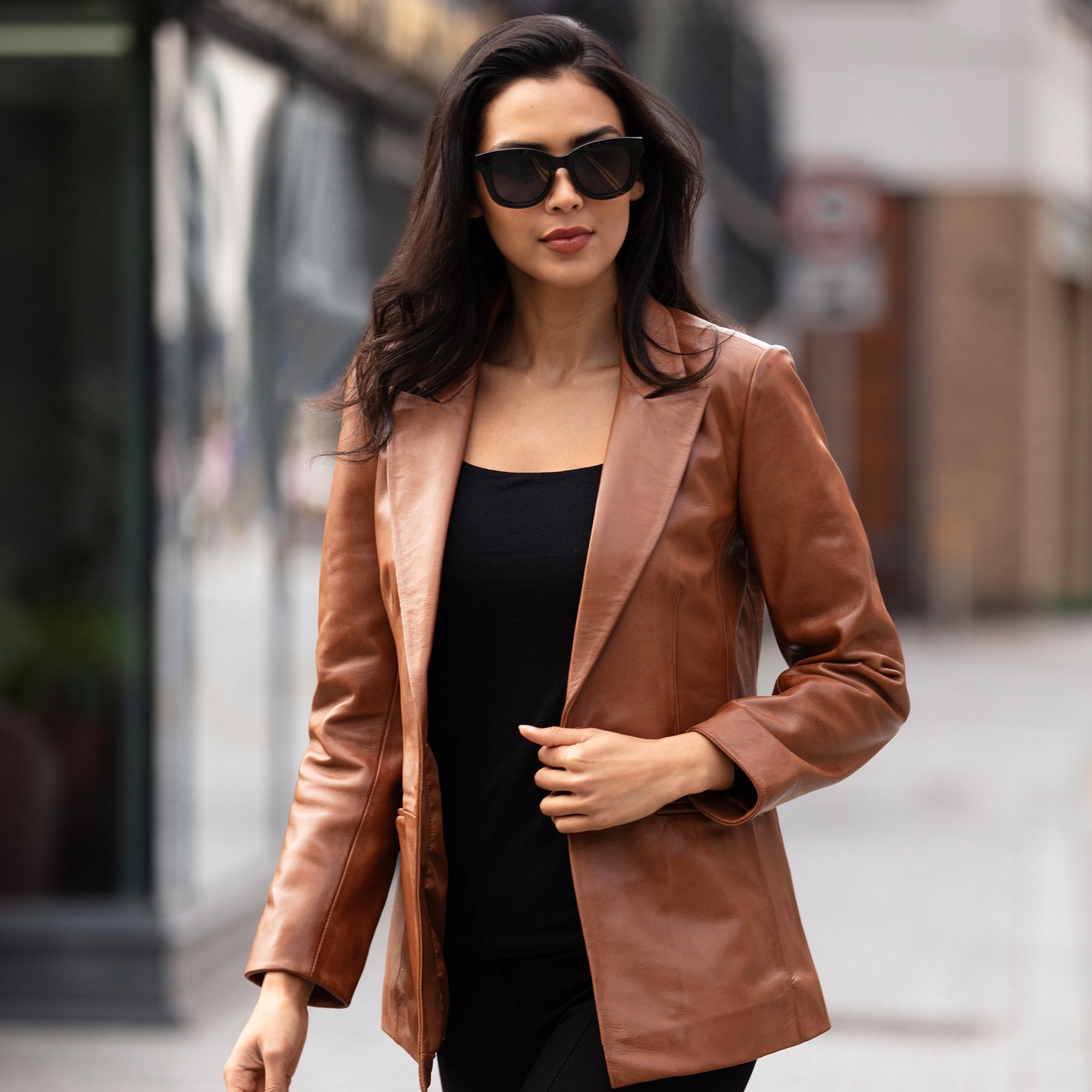 Womens Leather Fashion Single Breasted Blazer Tan: AWL-Blazer