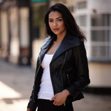 Women's Wide Fashion Collar Side Zip Leather Jacket Black: Universal