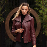 Women's Wide Fashion Collar Side Zip Leather Jacket Oxblood: Universal