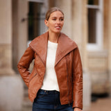 Women's Wide Fashion Collar Side Zip Leather Jacket Tan: Universal