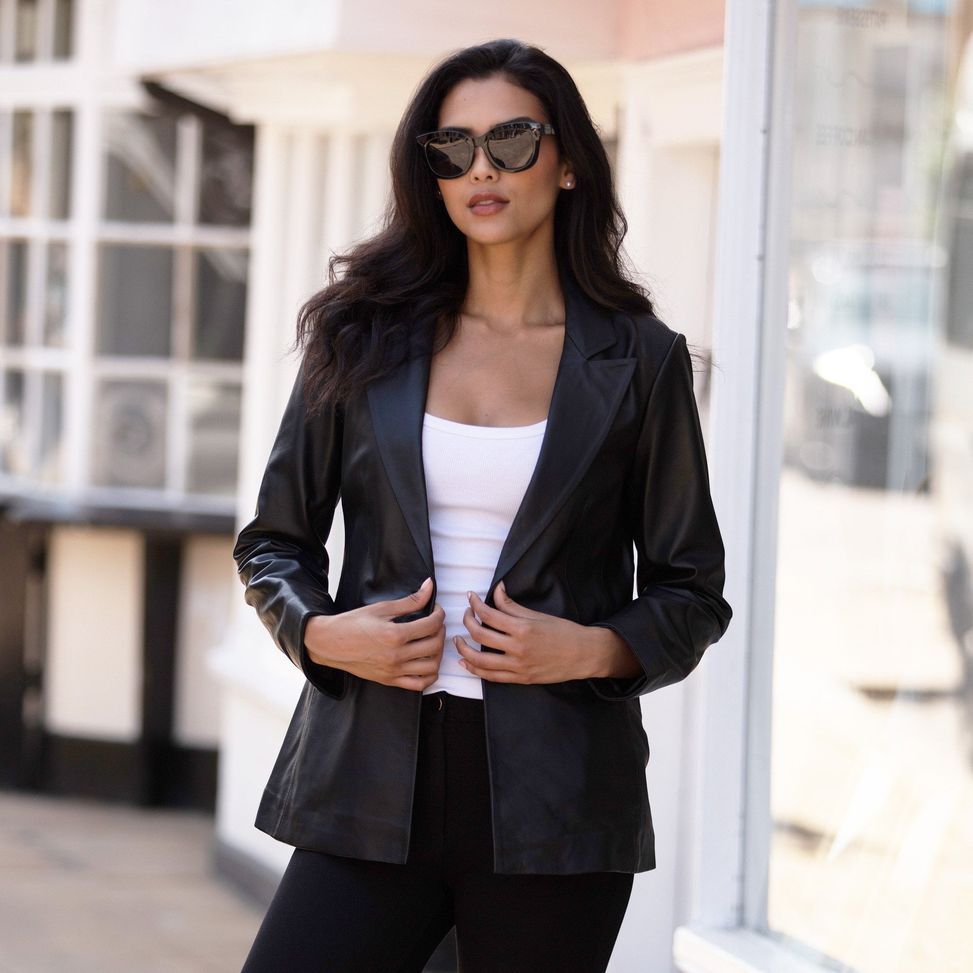 Womens Leather Fashion Single Breasted Blazer Black: AWL-Blazer