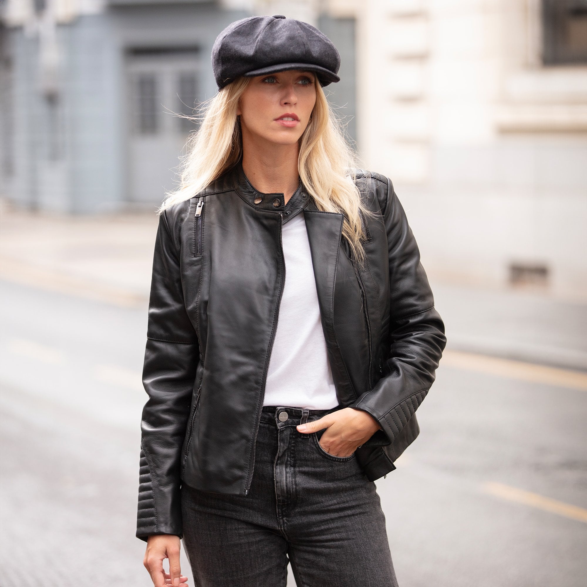 Ashwood Leather Mandarin Collar Ladies Biker Jacket - Black: AWL-2003