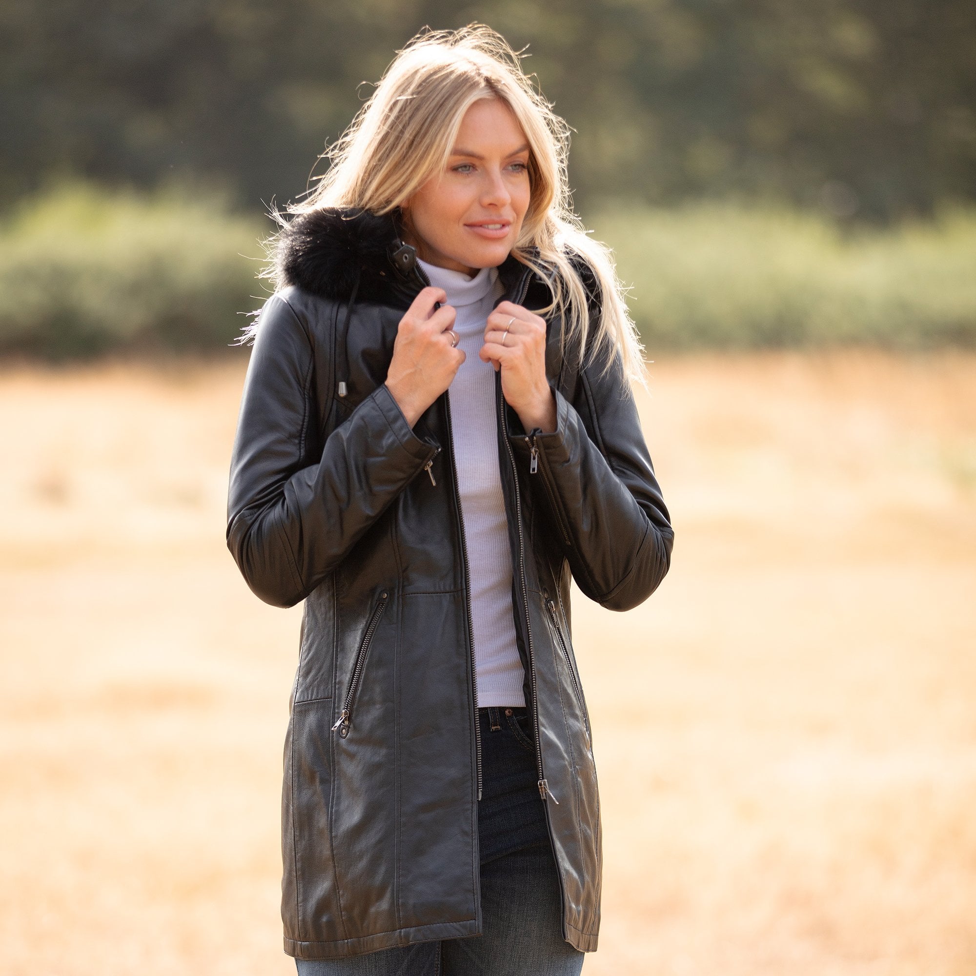 Women's Detachable Fur Hood 3/4 Leather Jacket Black: A-1947