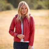 Womens Two-In-One Leather Hooded Jacket Red: awl-484
