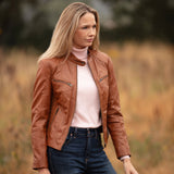 Leather Biker Style Jacket Tan : Awl-1201