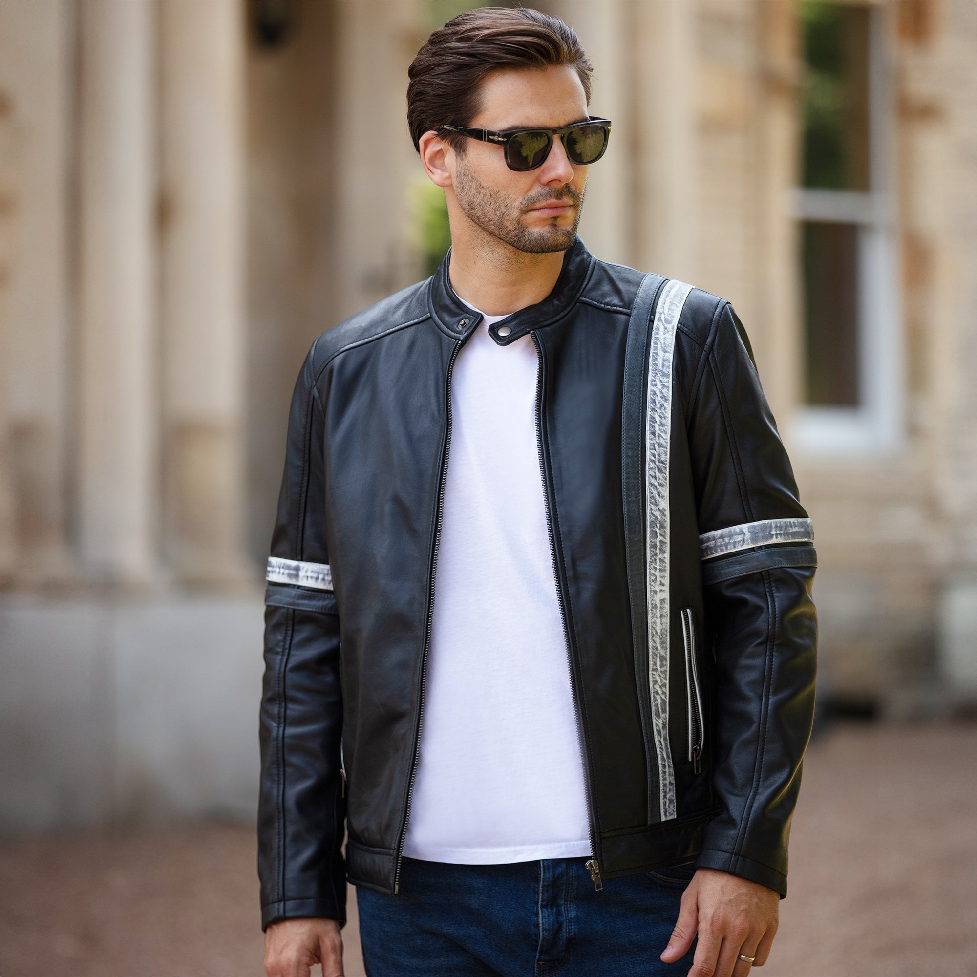 Men's Ashwood Leather Casual Jacket with Contrast Stripes Black: AWM-260
