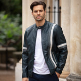 Men's Ashwood Leather Casual Jacket with Contrast Stripes Navy: AWM-260