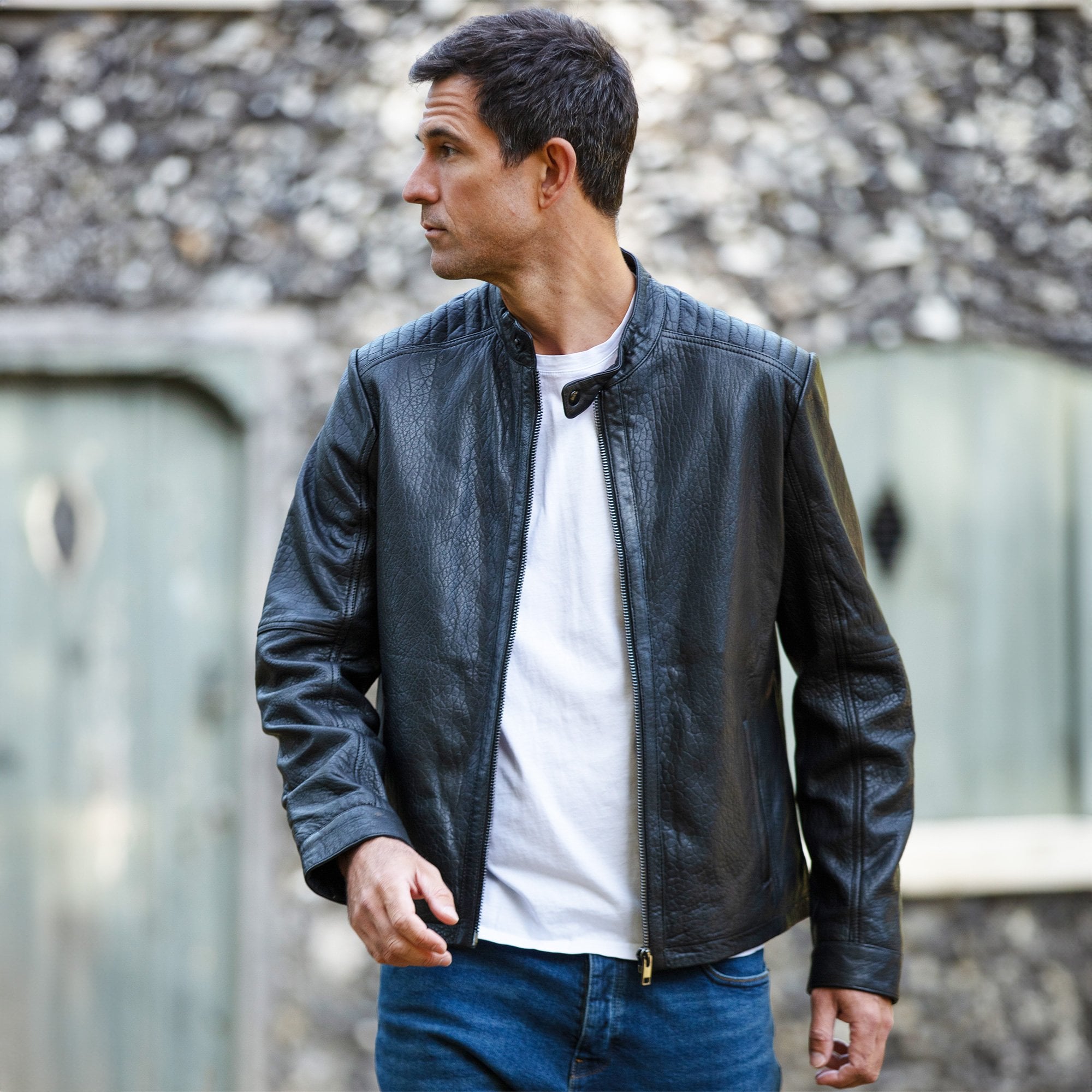 Ashwood Bubble Leather Mandarin Collar Men's Biker Jacket Black: nz-16110