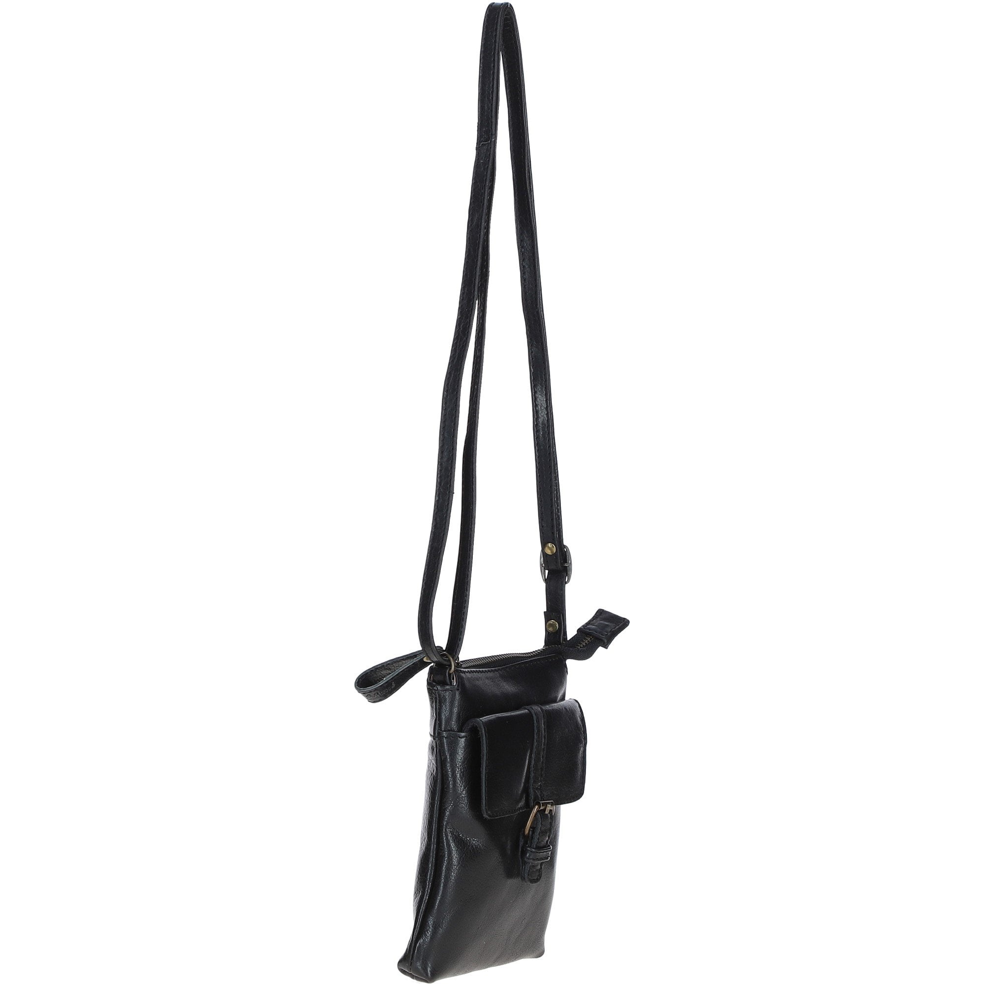Compact Leather Phone Bag with Adjustable Strap and Brass Hardware Black: tl-002