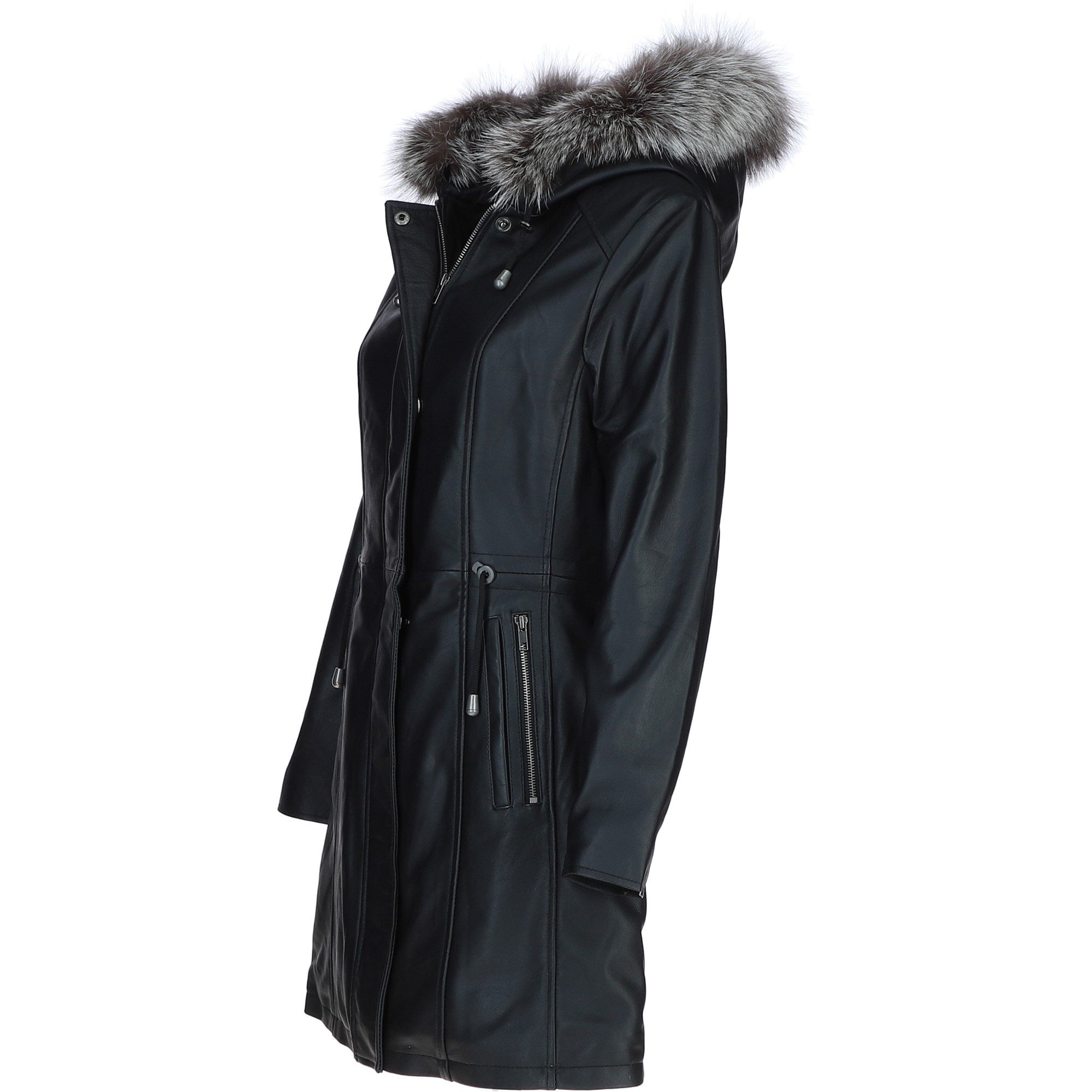 Stylish Ashwood Leather Ladies Three Quarter Jacket Black Fur: Emilia