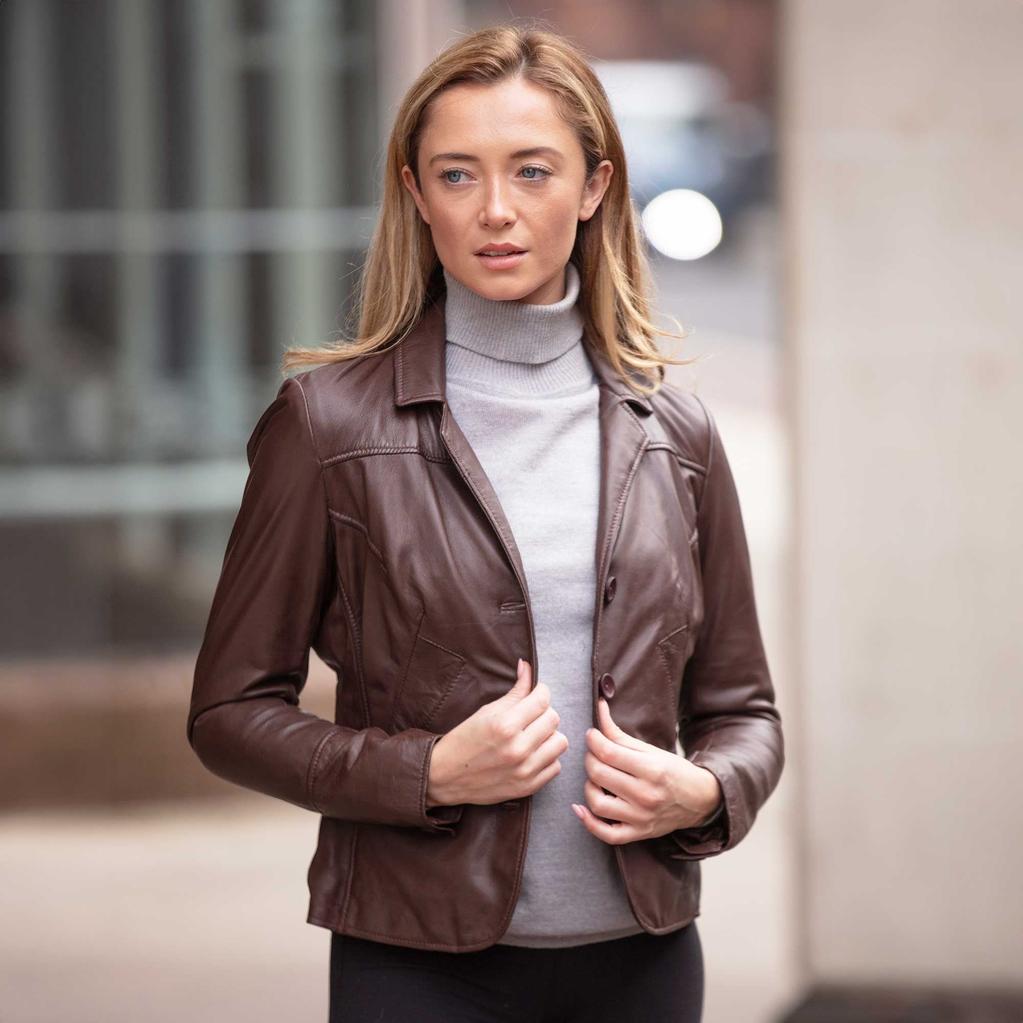 Womens Short Leather Blazer Jacket R/Brown: 1696
