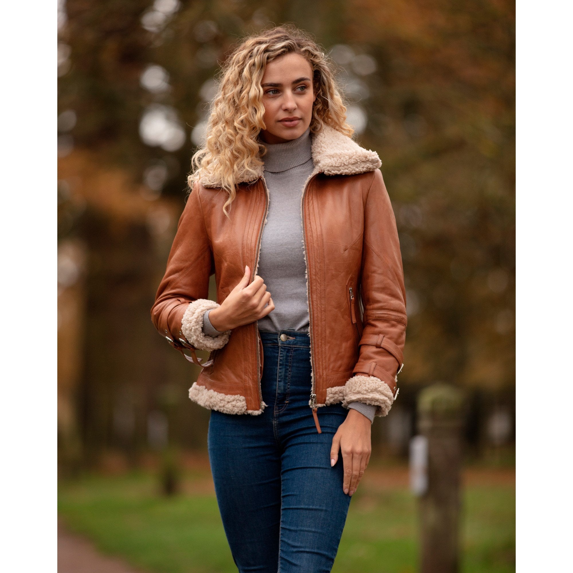 Ladies Sheepskin Aviator Jacket with Faux Fur Lining Cognac: 2419