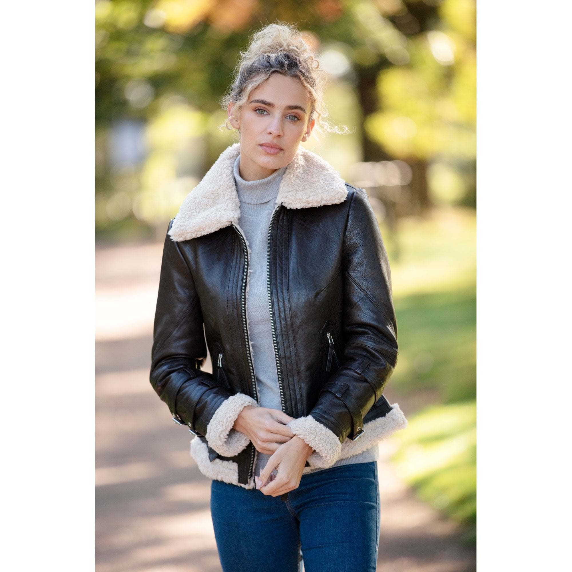 Ladies Sheepskin Aviator Jacket with Faux Fur Lining Brown: 2419
