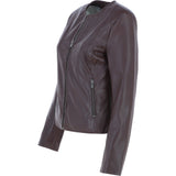 Collarless Ladies Casual Leather Jacket Borduex: AWL-1282
