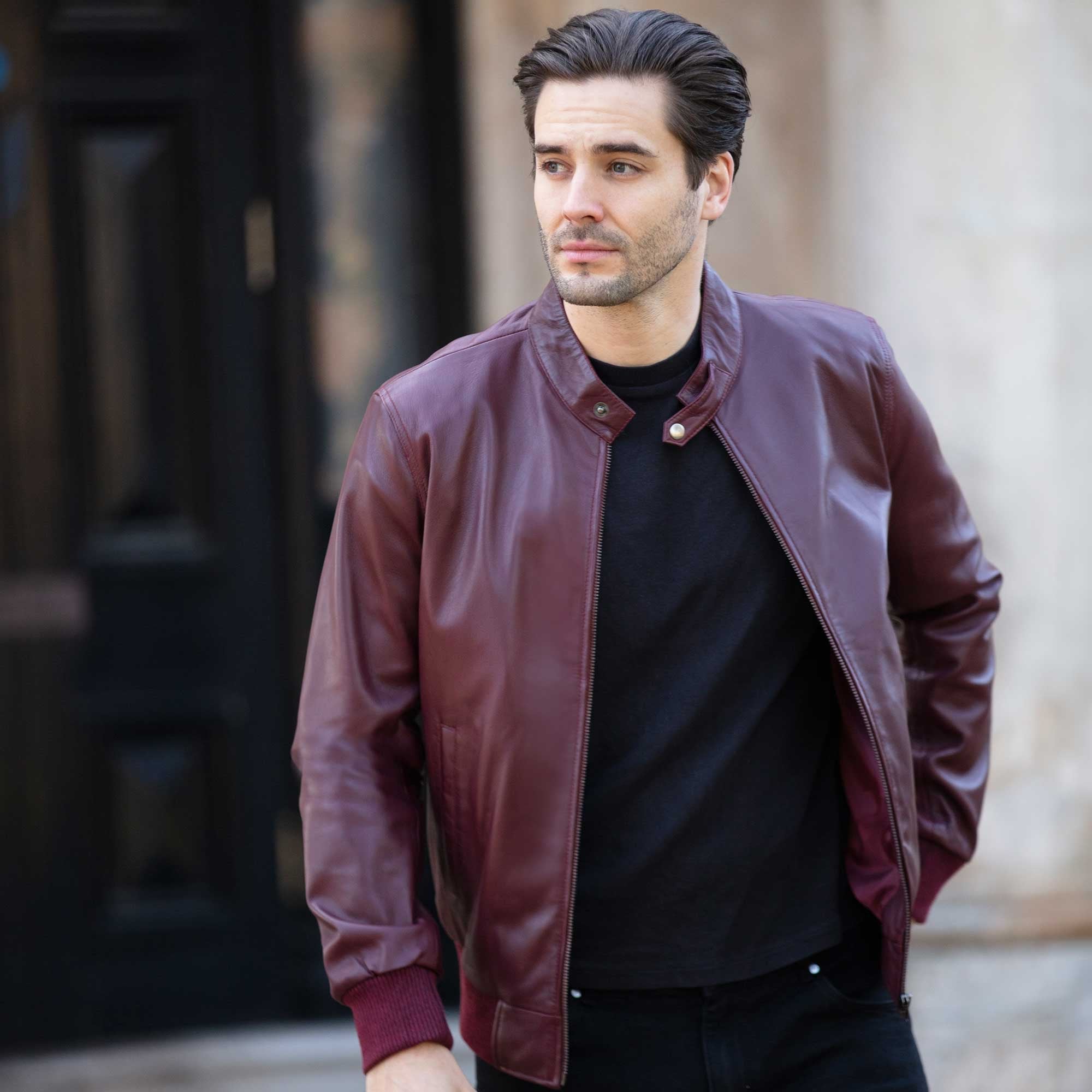 Men's Real Light Weight Leather Regular Fit Bomber Jacket Burgundy: G Bomber