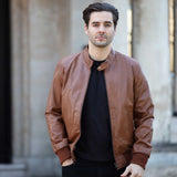 Men's Real Light Weight Leather Regular Fit Bomber Jacket Tan: G Bomber