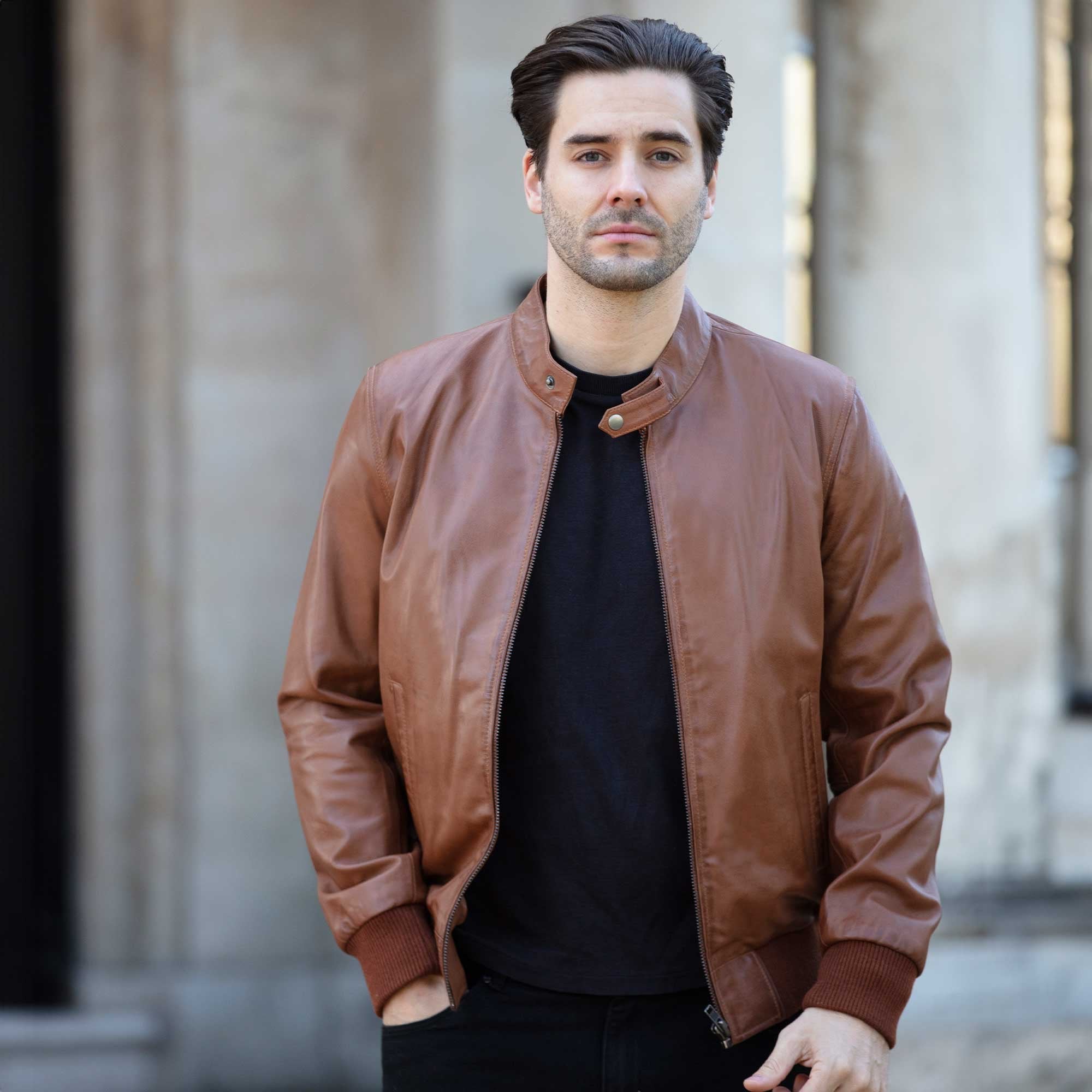 Men's Real Light Weight Leather Regular Fit Bomber Jacket Tan: G Bomber