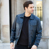 Real Leather Bomber Jacket With Brando Collar Navy: Prime Bomber